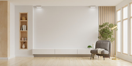 Mockup a TV wall mounted with armchair in living room with a white wall.3d renderingの写真素材