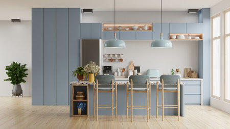 Modern blue kitchen interior with furniture,kitchen interior with white wall.3d renderingの写真素材