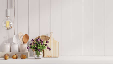 kitchen interior with kitchen standing on white shelf.3d renderingの写真素材