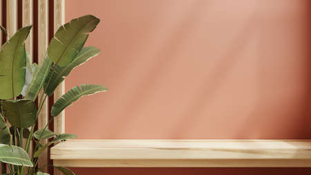 Wood shelf mockup in modern empty room, living coral color wall.3d renderingの写真素材