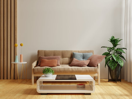 Interior wall mockup with empty white wall have brown sofa and plant in living room.3d rendering