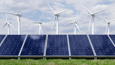 Solar panels and wind turbine on the blue sky background.3d rendering