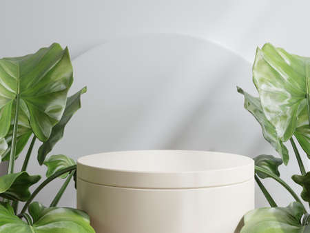 Empty stack podium for product presentation on cream color background.3d renderingの写真素材