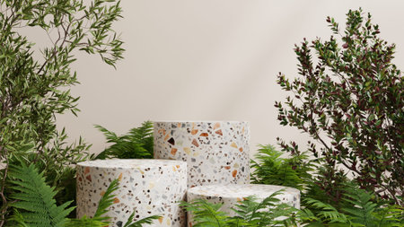 Terrazzo podium for product presentation on cream color pastel background.3d rendering