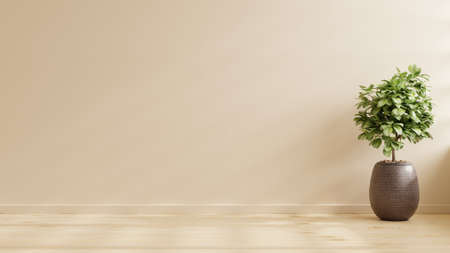 Wall mock up in cream color tones with with plant in living room interior.3d renderingの写真素材