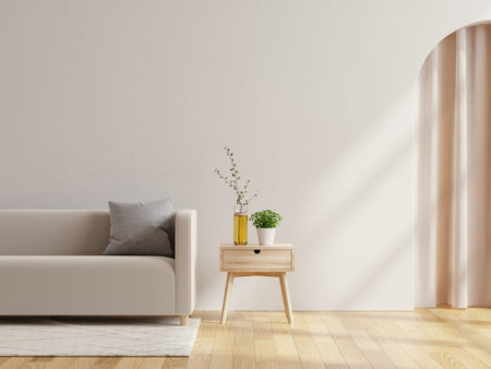 Wall mock up in warm tones with sofa on white wall background.3d rendering