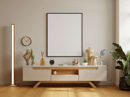 Mockup black poster frame on cabinet in modern interior background.3d renderingの写真素材