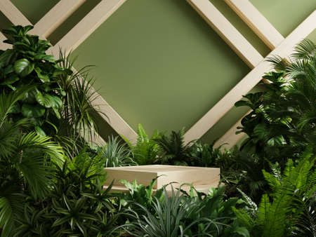 Wood podium in tropical forest for product presentation and green background.3d renderingの写真素材