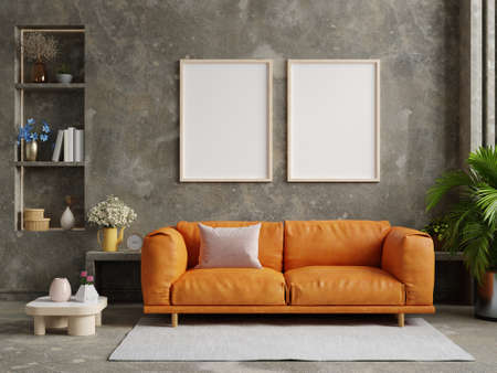 Mockup two frame in living room interior style loft.3D renderingの写真素材
