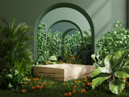 Wooden cube podium in tropical forest for product presentation behind is a natural walkway arch.3D renderingの写真素材