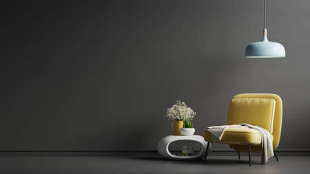 Dark wall mock up with yellow armchair on black wall background.3D renderingの写真素材