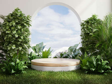 Circle podium in tropical forest for product presentation Behind is a view of the sky.3D renderingの写真素材
