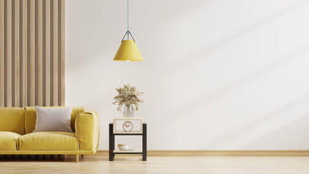 White wall interior living room have yellow sofa and decoration minimal.3D rendering