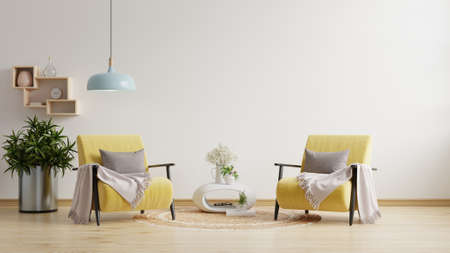 Living room with two yellow armchair on empty white wall background.3d renderingの写真素材
