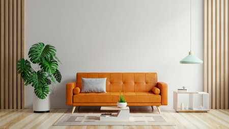 Living room have orange leather sofa and decoration minimal.3d renderingの写真素材