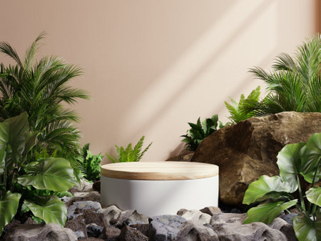 Empty stack podium in tropical forest for product presentation on cream color.3d renderingの写真素材