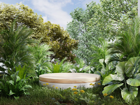 Wood podium in tropical forest for product presentation Behind is a view of the sky.3d renderingの写真素材