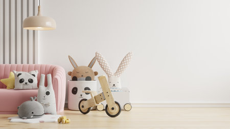 Mockup wall in the children's room with pink sofa on wall white color background.3d renderingの写真素材