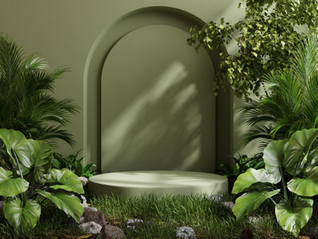 Green pedestal in tropical forest for product presentation and green wall.3d renderingの写真素材