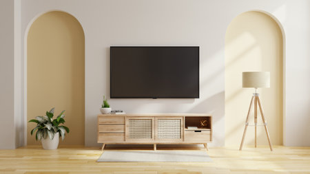 Smart TV on the two tone color wall in living room,minimal design.3d renderingの写真素材