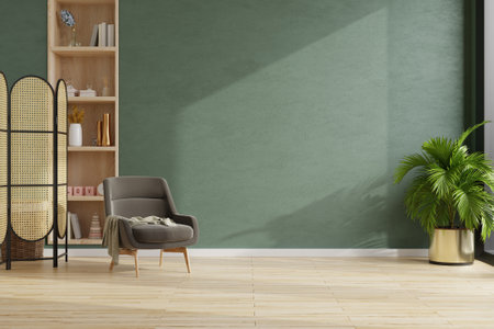 Living room with dark brown armchair on empty dark green wall background.3d renderingの写真素材