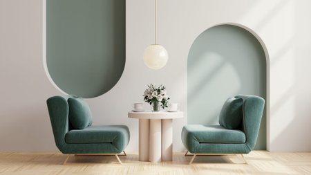 Dining room in a coffee shop on two tone wall background.3d rendering