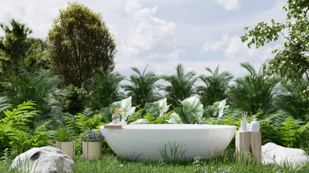 Bathtub on ground grass with forest garden background.3d renderingの写真素材