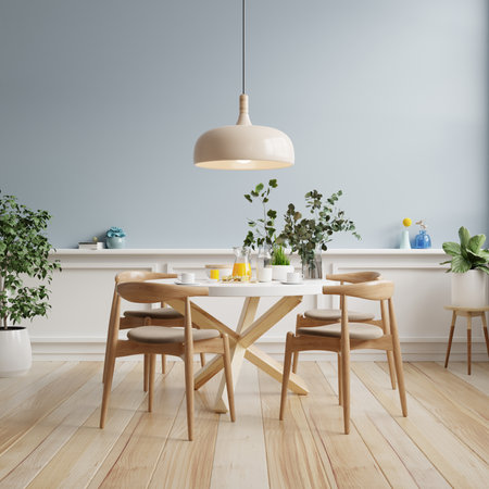 Modern dining room interior design with blue wall.3d renderingの写真素材