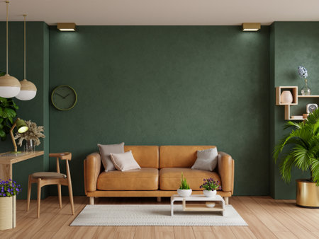 Light room with leather sofa and decoration room on empty dark green wall background.3d renderingの写真素材