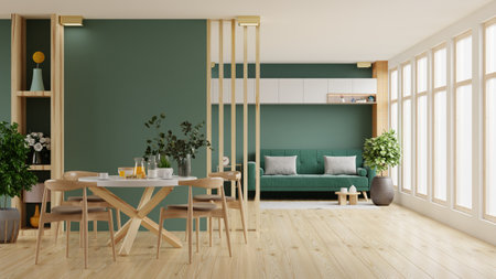 Living room with green sofa and dining room interior on green wall.3d renderingの写真素材