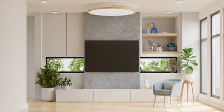 TV on cabinet have concrete wall in living room with armchair,minimal design.3d rendering