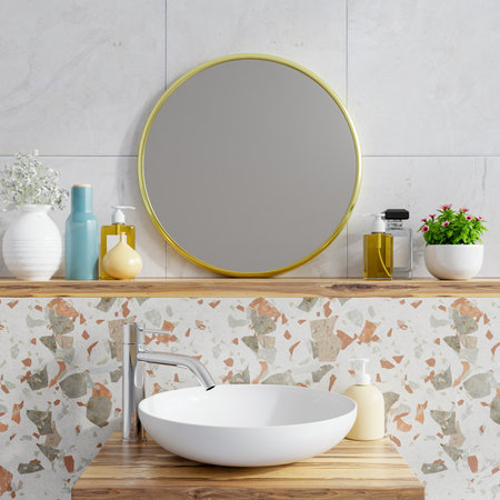 Modern bathroom interior with sink basin faucet and mirror.3d renderingの写真素材
