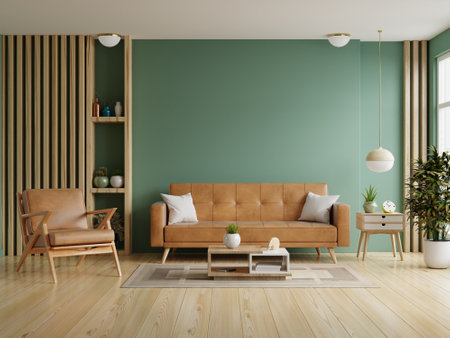 Living room with leather sofa and leather armchair on empty dark green wall background.3d renderingの写真素材