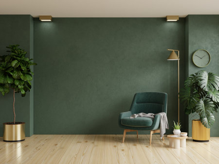 Bright and cozy modern living room interior with green armchair and decoration room on empty dark green wall background.3d renderingの写真素材