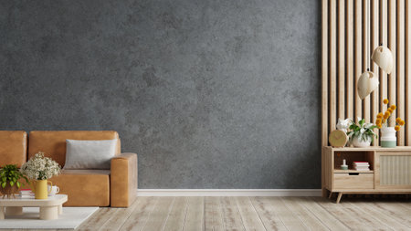 Living room interior with orange leather sofa in loft style house on concrete wall background.3d renderingの写真素材