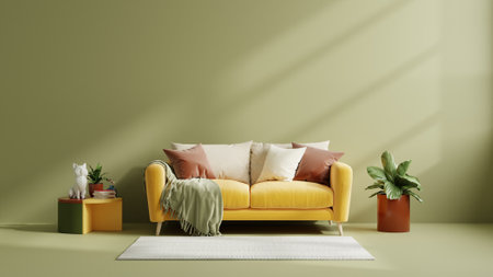 Mockup living room interior with yellow sofa on empty dark green color wall background.3d renderingの写真素材