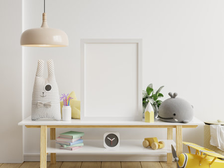 Mock up posters in child room interior, posters on empty white wall background.3d renderingの写真素材