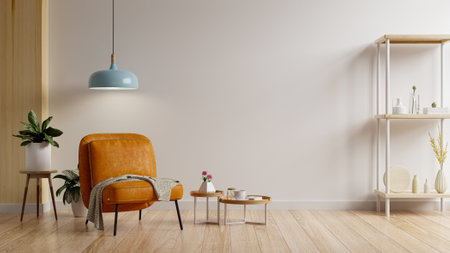 Empty room in warm tones with orange leather armchair and decoration minimal.3d renderingの写真素材