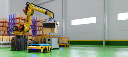 Robot arm picks up the box to AGV in transportation to increase transport more with safety.3d renderingの写真素材