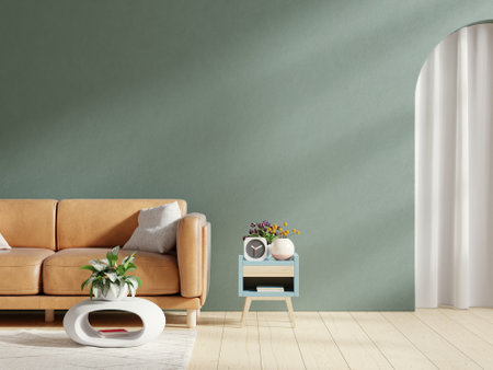 Living room mockup green wall with green sofa in living room.3d renderingの写真素材