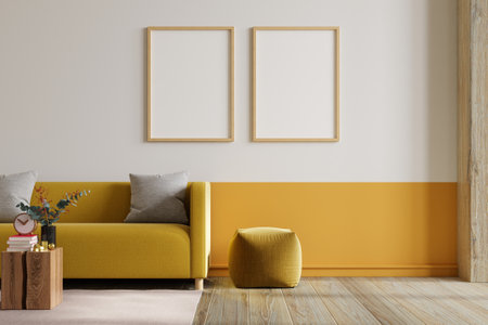 Living room with design yellow velvet sofa and mockup with vertical frames on empty dark yellow wall.3d renderingの写真素材