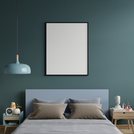 Poster mockup with vertical frames on empty dark green wall in bedroom interior.3d renderingの写真素材