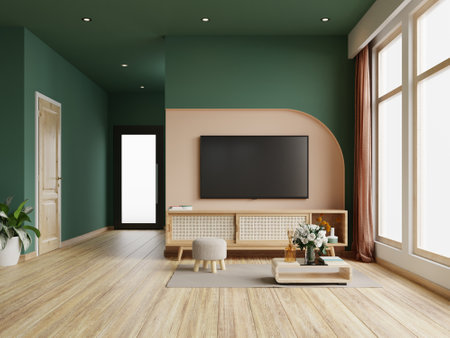 Living room with tv on cabinet in dark green color wall,minimalist style.3d renderingの写真素材