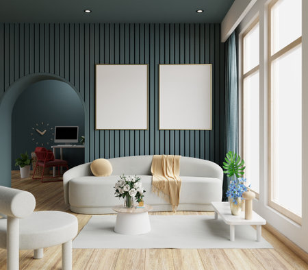Dark green home interior with sofa and armchair,Mockup poster frame.3d renderingの写真素材