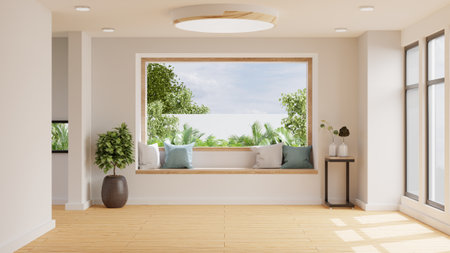 Living room style in warm tones with wooden bench and decoration minimal.3d renderingの写真素材