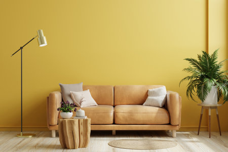 Yellow wall interior living room have orange leather sofa and decoration minimal.3d renderingの写真素材