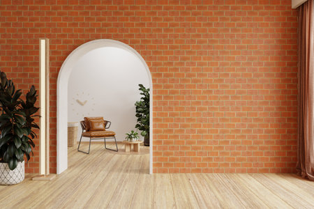 Orange tiles mockup interior with leather armchair in boho decoration.3d renderingの写真素材