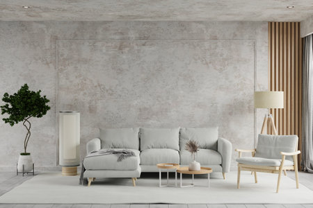 Concrete room interior with furniture and decor.3d renderingの写真素材
