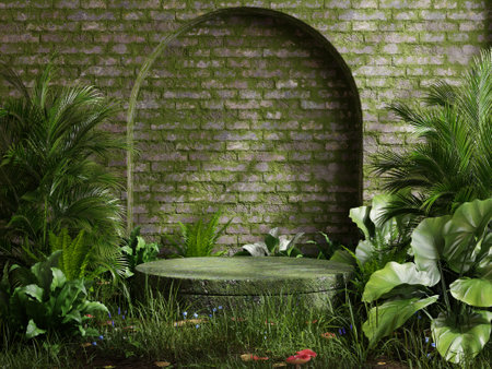 Mossy podium in tropical forest for product presentation and wall moss background.3d renderingの写真素材