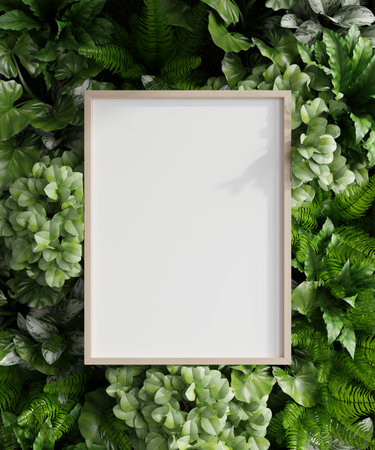 Mockup poster frame in nature view of green leaf and nature background.3d renderingの写真素材